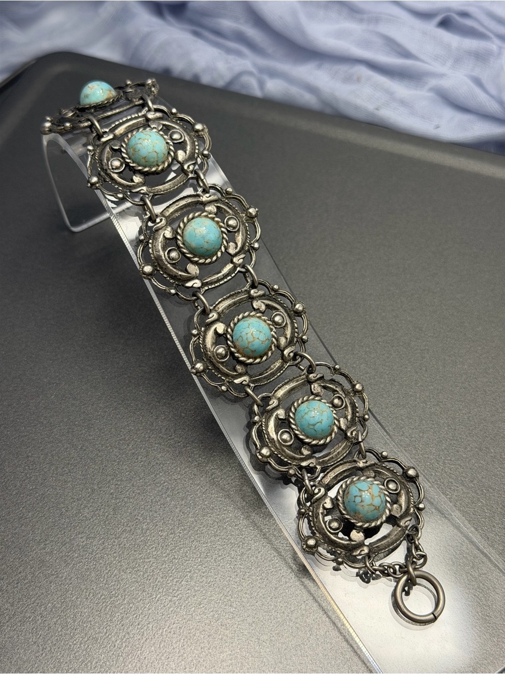 Vintage Robins egg Stone Silver-Tone Link Bracelet